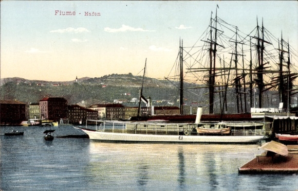 Postcard Rijeka Fiume Croatia, port, passenger steamers and sailing ships