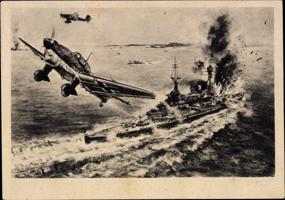 Künstler Ak Matejko, T., Stuka Junkers Ju 87 B hat ein englisches Schlachtschiff mit Bomben belegt