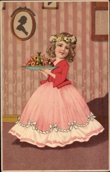Präge Ak Mädchen in pinkem Kleid, Geschenk, Portrait