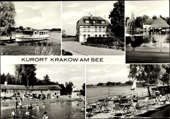 Postcard Krakow am See in Mecklenburg Western Pomerania, seaside resort, terrace inn, excursion boat Frauenlob