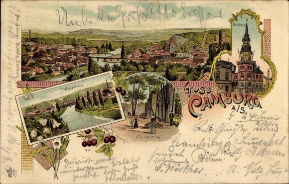 Litho Camburg an der Saale Thüringen, Cyriakskirche, Rathaus, Blick auf den Ort