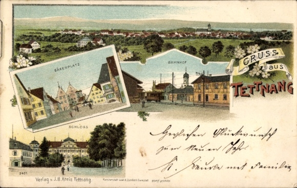 Litho Tettnang in Württemberg, Bahnhof, Bärenplatz, Schloss, Panorama