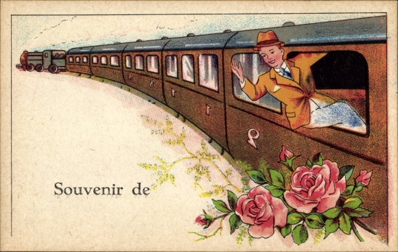 Artist PC Souvenir de, railway, man leans out of the compartment, roses