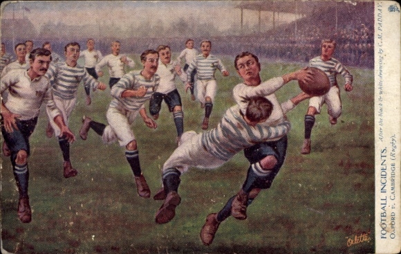 Artist Postcard Football Incidents, Rugby, Oxford vs Cambridge