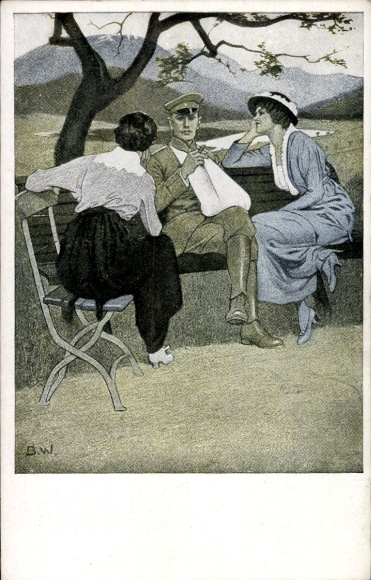 Artist Postcard Wennerberg, Bruno, Home, wounded soldier, two women