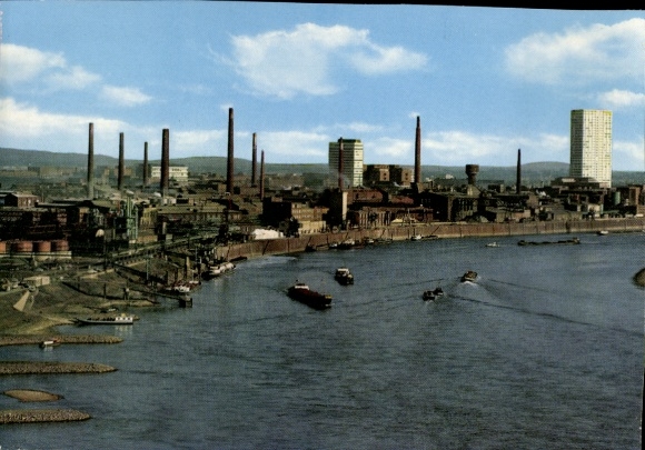 Postcard Wiesdorf Leverkusen am Rhein, city view with industrial plants, Rhine, ships, clouds
