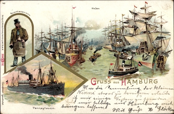Chromo-Litho Hamburg Mitte Altstadt, Hafen, Steamer Pennsylvania, Quartersman