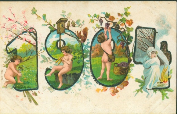 Litho Jahreszahl 1904, Kinder, Jahreszeiten, Blumen, Ernte, Lagerfeuer