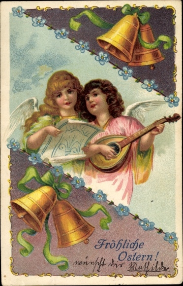 Präge Litho Glückwunsch Ostern, Engel mit Laute, Glocken