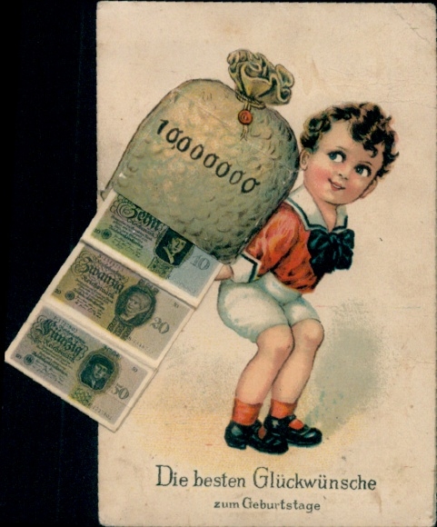 Leporello Postcard Happy Birthday, Boy with Money Bag