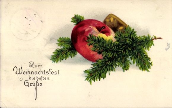 Ak gefeliciteerd Kerstmis, dennentak, appel, peperkoek