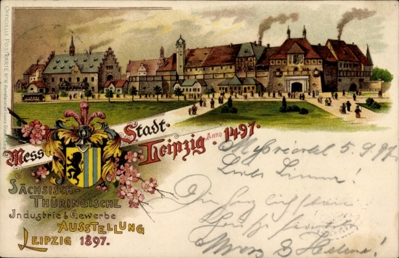 Coat of arms Chromo-Litho Leipzig, Saxon-Thuringian Industrial and Trade Exhibition 1897, City Anno 1497