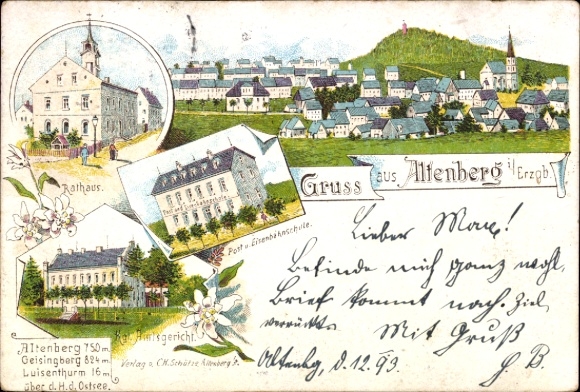 Litho Altenberg im Erzgebirge, Rathaus, Amtsgericht, Post, Eisenbahnschule