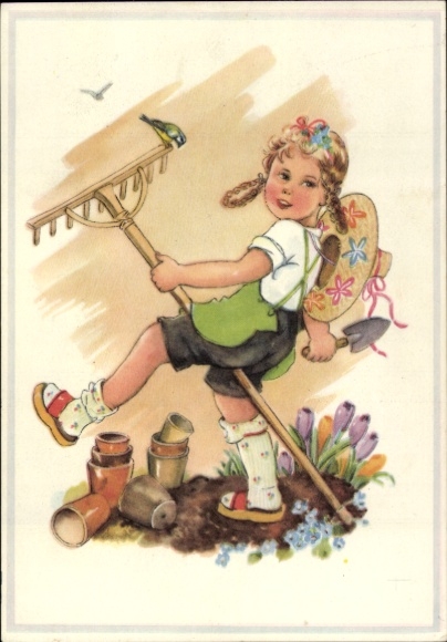 Artist Postcard Oldenburg Wittig, Lotte, Girl with rake in the garden
