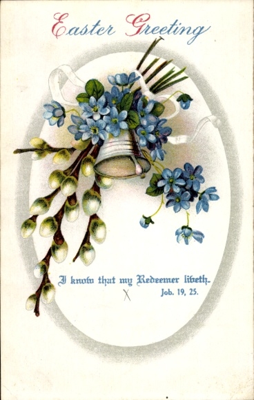 Litho Glückwunsch Ostern, Weidenkätzchen, Vergissmeinnicht