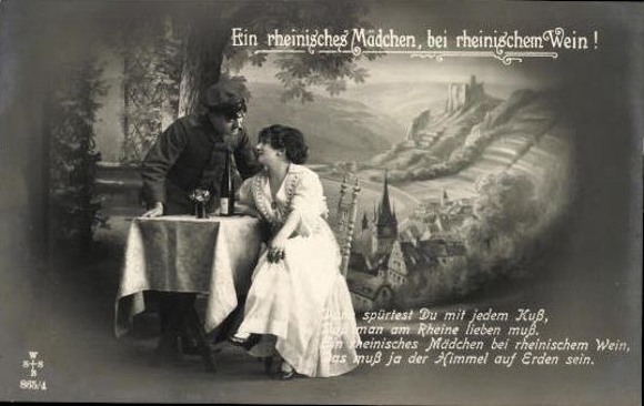 Set of 6 AK lovers drinking wine at the dining table/a Rhenish girl, with Rhenish wine!