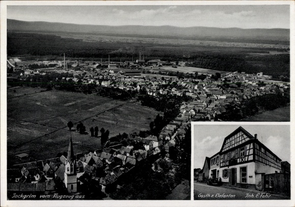 Postcard Jockgrim in the Palatinate, aerial photograph, Gasth. zum Elefanten
