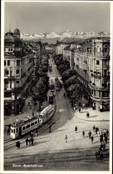 Postcard Zurich City Switzerland, Bahnhofstrasse, tram, passers-by, hotel