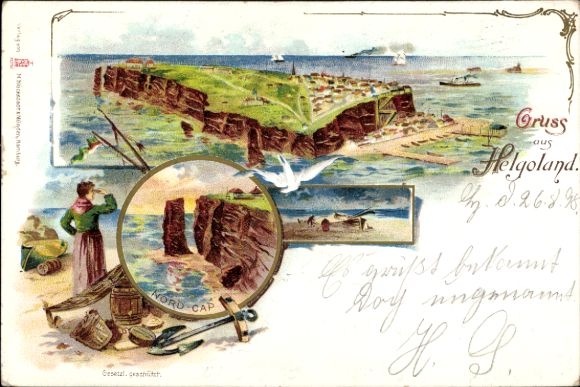 Chromo-Litho North Sea island Heligoland, North Cap, Panorama