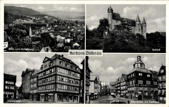 Postcard Herborn in the Lahn Dill district, castle, market square with town hall, from Dollenberg