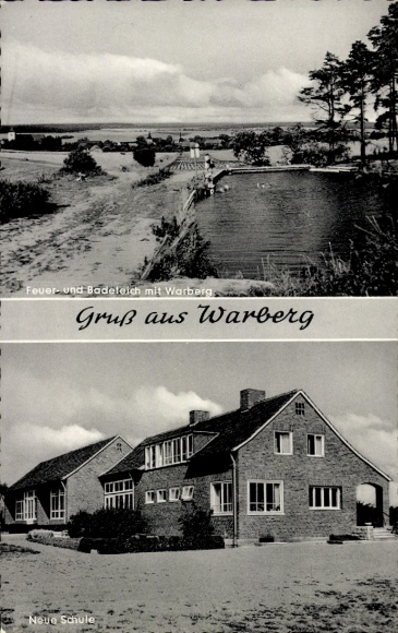 Postcard Warberg in Lower Saxony, fire and bathing pond, new school