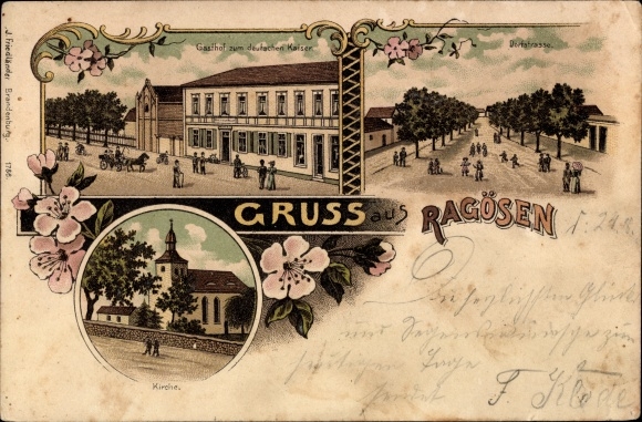 litho Ragösen Bad Belzig in de Mark, dorpsstraat, herberg van de Duitse keizer, kerk