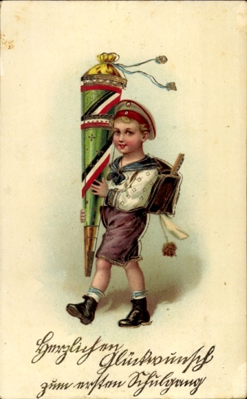 Postcard Congratulations back to school, boy with candy cone