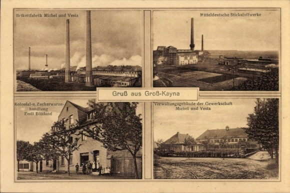 Ak Großkayna Braunsbedra Saalekreis, brikettenfabriek, stikstoffabriek, supermarkt