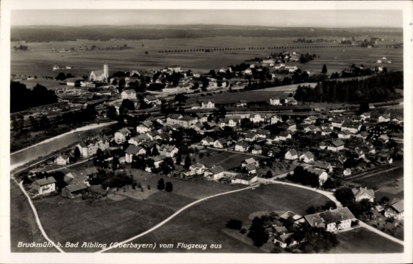 Postcard Bad Aibling in Upper Bavaria, aerial view of residential buildings, rural surroundings, airplane view, P