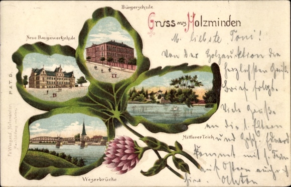 Kleeblatt Litho Holzminden an der Weser, Gymnasium, Neue Baugewerksschule, Weserbrücke, Bürgerschule