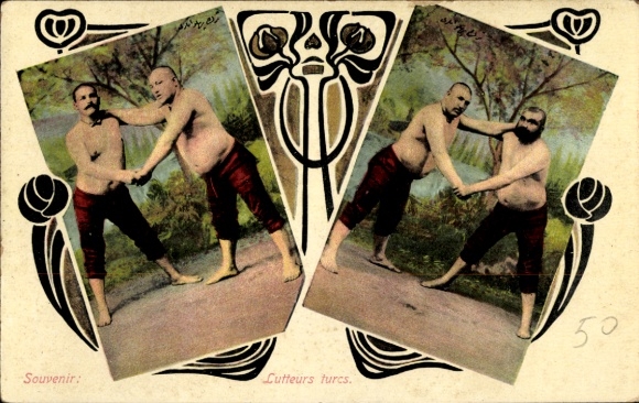 Art Nouveau Postcard Lutteurs turcs, Turkish wrestlers, wrestling
