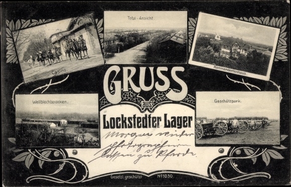Postcard Lockstedt in the Steinburg district, Lockstedter camp, casino, corrugated iron barracks, gun park