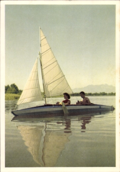 Postcard Drive happily into the wide world with Kleppermantel, boat and tent, sailboat, advertising