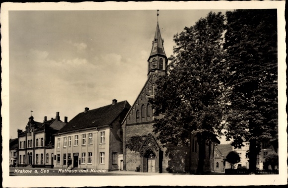 Postcard Krakow am See in Mecklenburg-Western Pomerania, town hall, church
