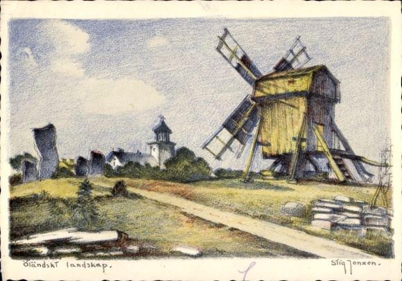 Artist Postcard Jonzon, S., windmill, church, street