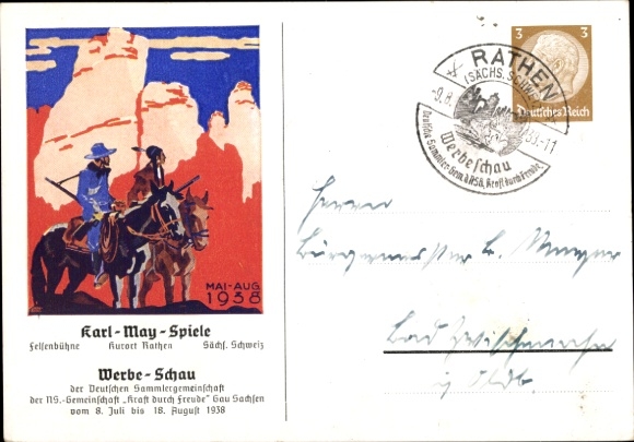 Ganzsachen Ak Kurort Rathen im Elbsandsteingebirge, Karl May Spiele, Werbeschau, Mai bis August 1938
