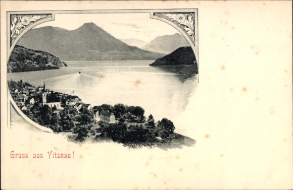 Passepartout Ak Vitznau Kanton Luzern, Teilansicht vom Ort mit Umgebung