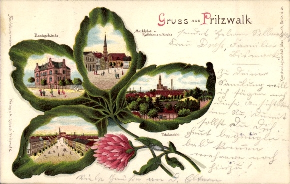 Kleeblatt litho Pritzwalk in de Prignitz, bankgebouw, marktplein, stadhuis, kerk