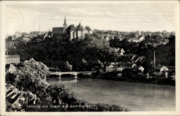 Ak Leisnig in Sachsen, Freiberger Mulde, Brücke, Stadtansicht, Kirche St. Mathhäi, Burg Mildenstein
