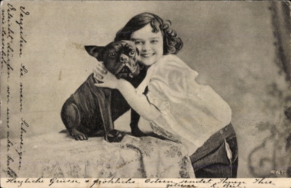 Ak Kinderportrait, Mädchen mit Hund, Französische Bulldogge