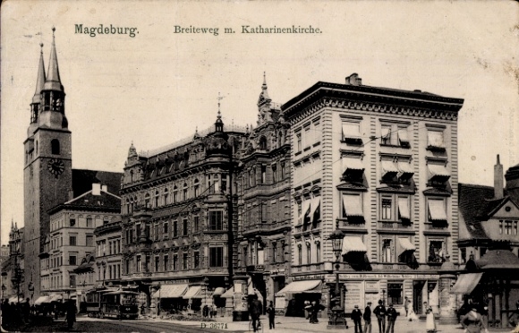 Postcard Magdeburg, Breiteweg, St. Catherine's Church, shops