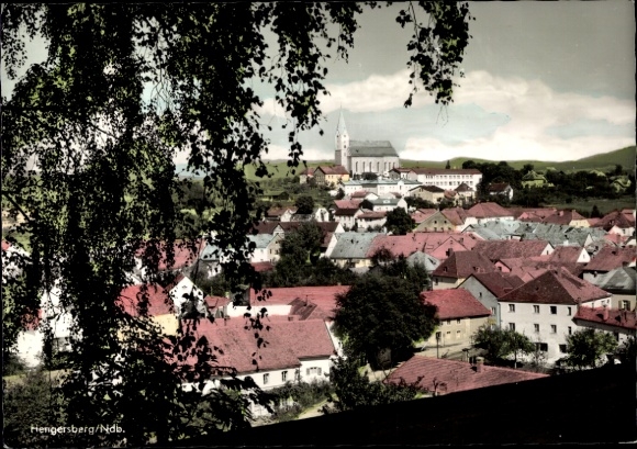 Postcard Hengersberg Lower Bavaria, colorful view of church, roofs, green landscape
