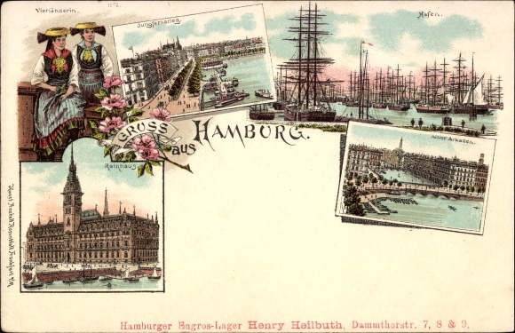 Chromo-Litho Hamburg in the middle of the old town, harbor area, sailing boats, Vierländerin, Jungfernstieg
