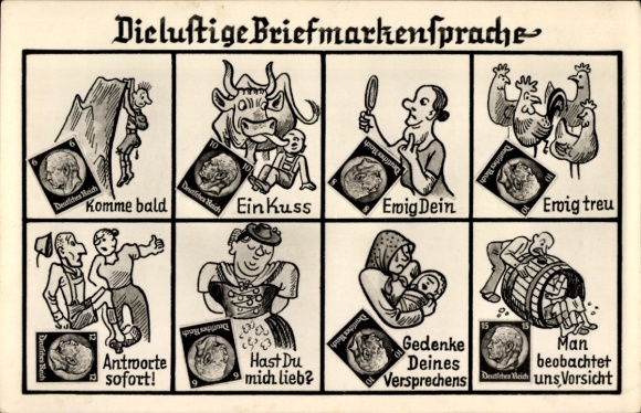 Ak Luftige Briefmarkensprache, komme bald, Kuss, ewig dein, Humor