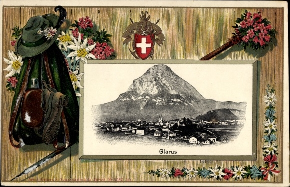Wytłoczona pocztówka herbowa Glarus Kt. Glarus, plecak turystyczny, buty, manierka, widok całkowity, laska