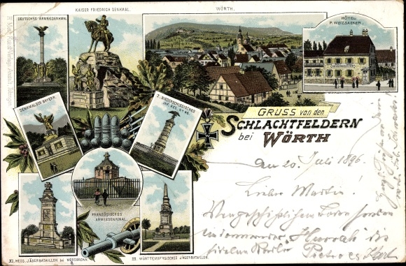 Chromo-Litho Wœrth Wörth an der Sauer Alsace Bas Rhin, salute from the battlefields, monuments