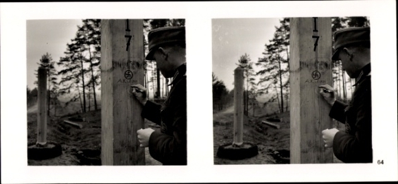 Stereo spatial image photo "The Leader's Soldiers in the Field", No. 64, border post, demarcation line