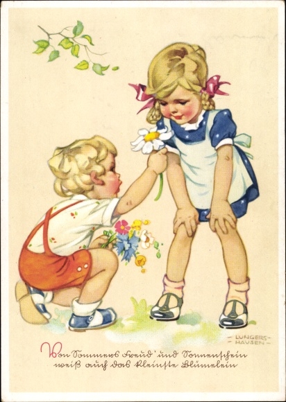 Artist PC Lungershausen, Ilse Wende, boy, girl, bouquet of flowers
