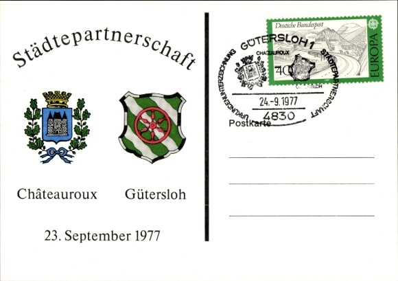 Ak Gütersloh in Westfalen, Städtepartnerschaft Châteauroux, Wappen, 23.09.1977