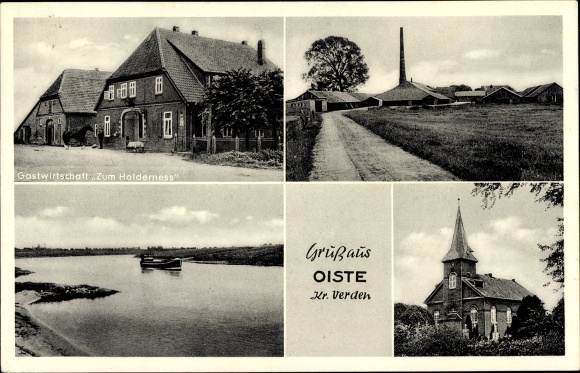 Postcard Oiste Blender in Lower Saxony, restaurant Zum Holderness, church, village street